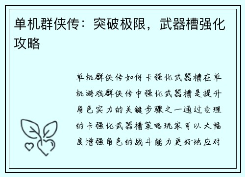 单机群侠传：突破极限，武器槽强化攻略